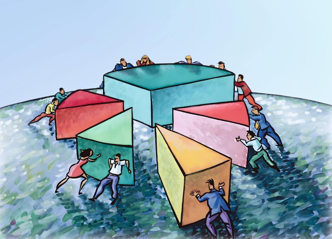 Grafik mit Menschen, die bunte Segmente eines Kreises bewegen. Symbolisiert Zusammenarbeit und Gemeinschaft.